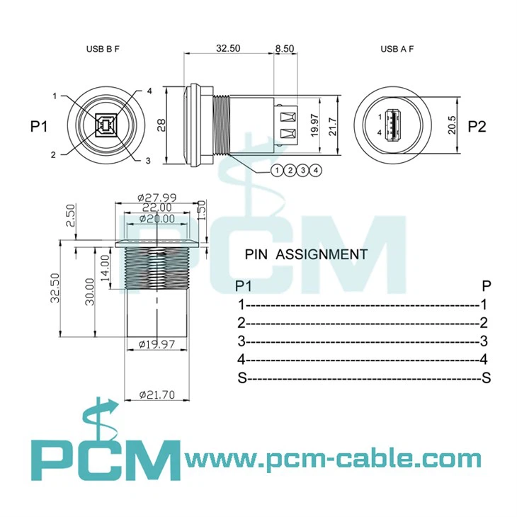 dimensions cutout size of usb 2.0 type b to type a panel mount feedthrough coupler