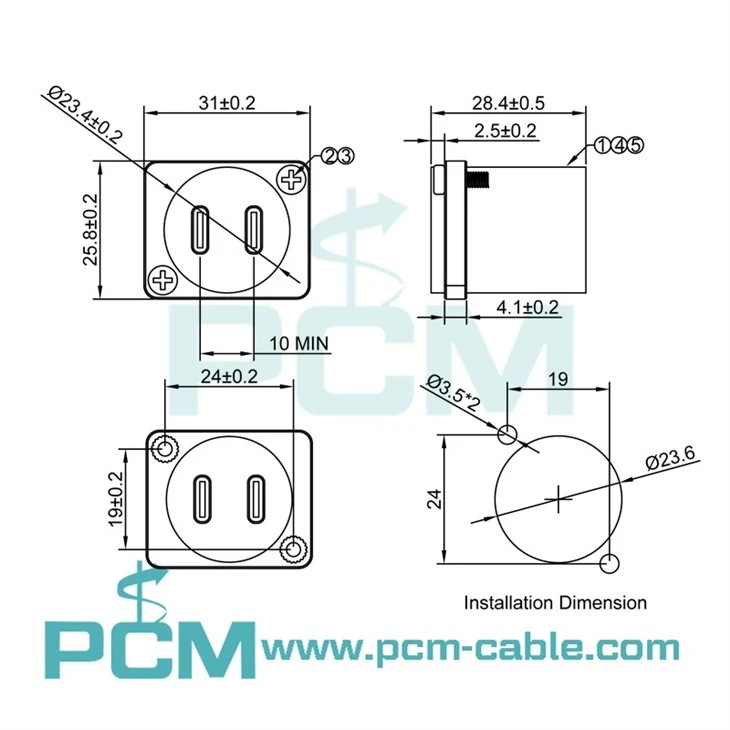 Size dimensions of USB-C panel mount adapter